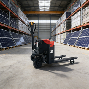 Robuuste palletwagen met gepoedercoat stalen frame, gehard stalen pomp en versterkte kunststof wielen voor materiaalbehandeling in magazijnen.