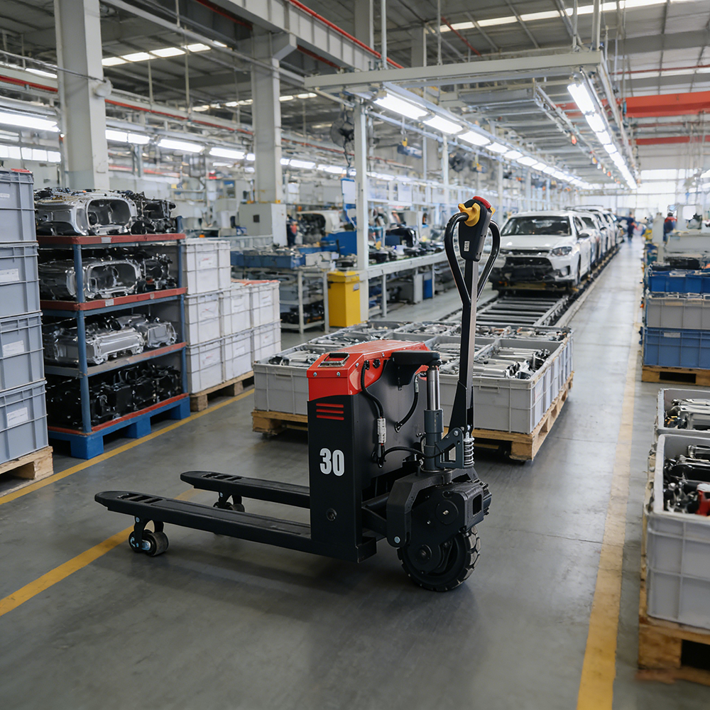 Robuuste palletwagen met gepoedercoat stalen frame, gehard stalen pomp en versterkte kunststof wielen voor materiaalbehandeling in magazijnen.