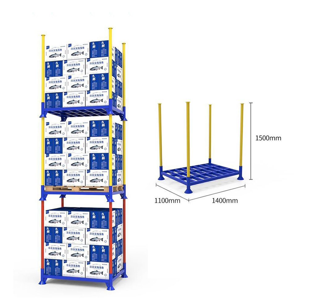 Robuust, verplaatsbaar en stapelbaar stalen stellingframe voor het stapelen van pallets in een magazijn.