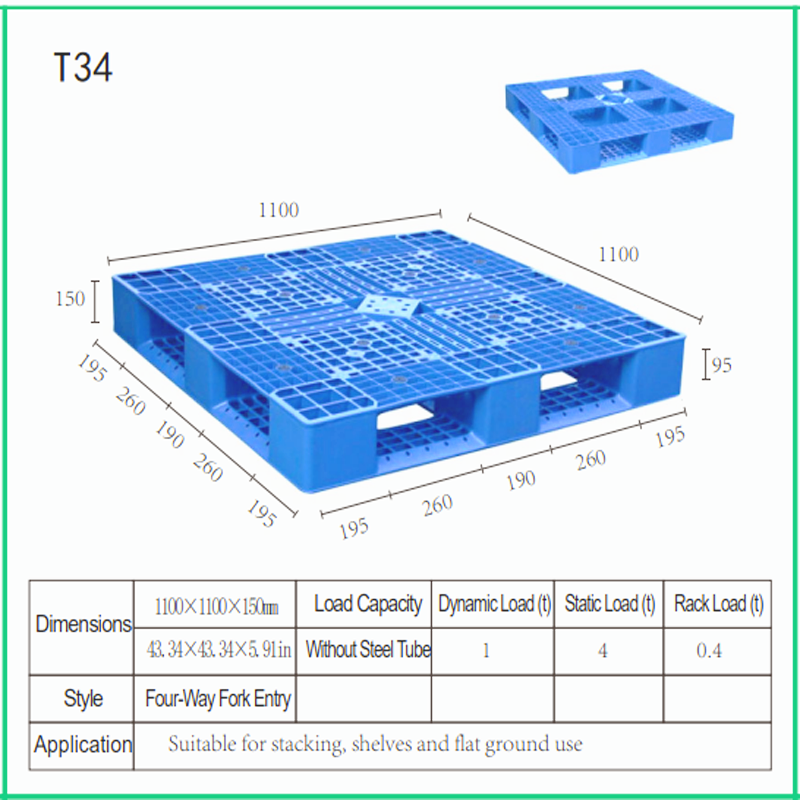 Industriële, zware T34 4-weg stapelbare antislip kunststof transportpallet 1100*1100*150mm enkelzijdig front