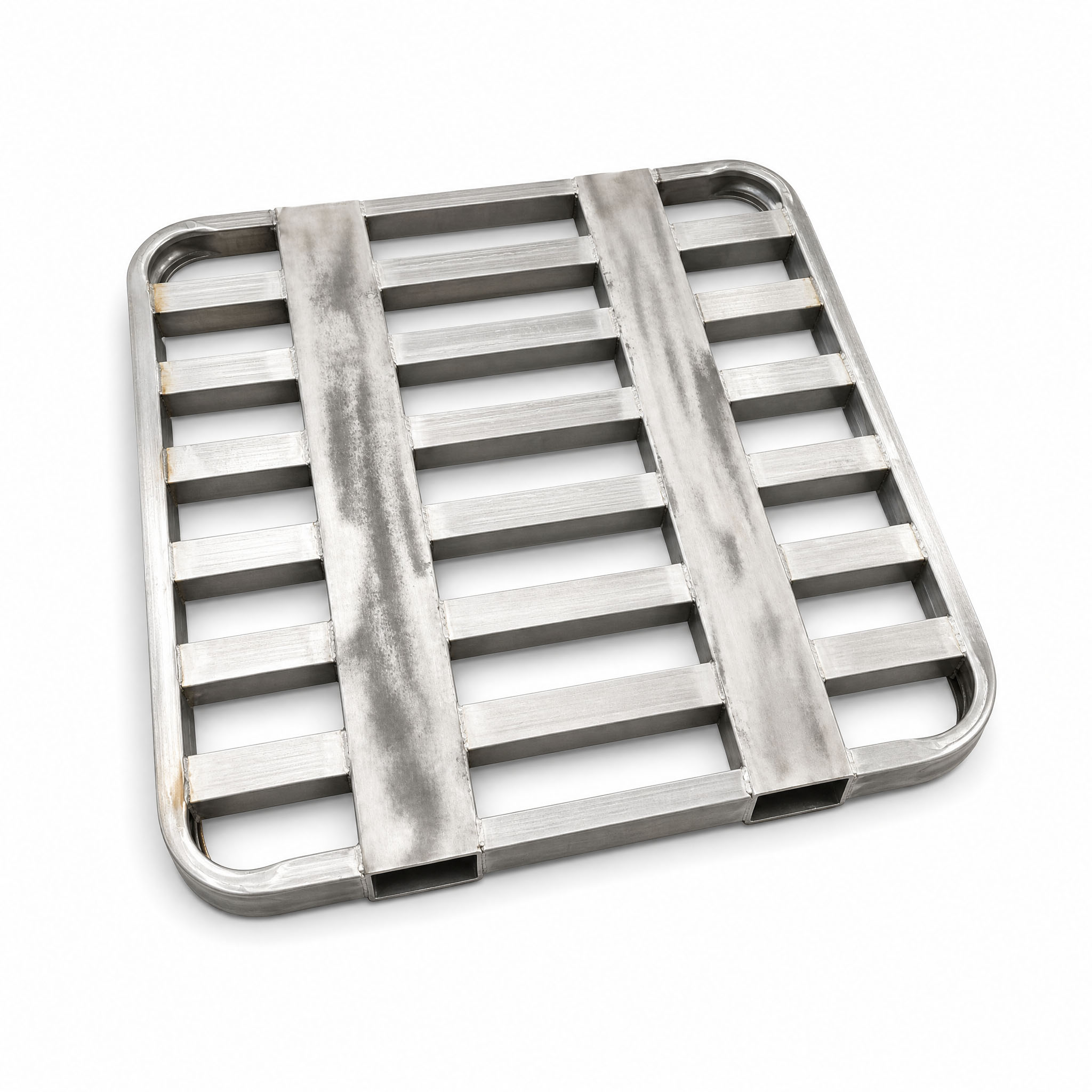 Zware stalen pallet met een statische belasting van 6 ton, tweezijdige toegang, stapelbare metalen pallet voor magazijnopslag met heftruck.