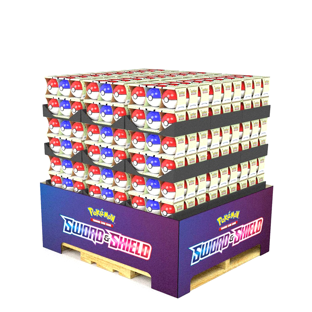 Opvallend palletdisplayrek met verstelbare schappen, perfect voor het presenteren van voedsel- en drankproducten.
