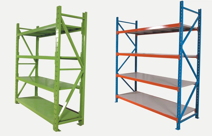 Verstelbare boutloze stellingen voor industrieel gebruik, lichte palletstellingen, stapelstellingen, magazijnstellingen.