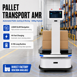 AMR-systeem transporteert pallets en dozen in een industrieel magazijn met een laadvermogen van 500 kg. Laser SLAM zelfopladend systeem.