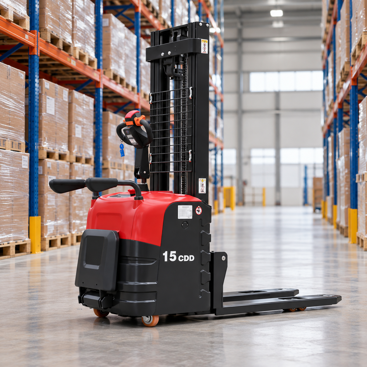 Staand, volledig elektrische palletstapelaar 1,5 ton 3 m meerijdende stapeltruck 2 ton 9,8 ft hefhoogte Staand palletstapelaar