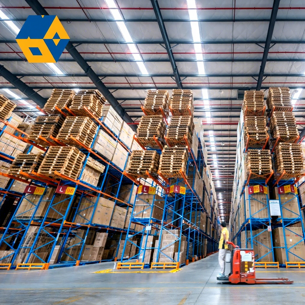 Zwaar uitgevoerde stellingen met een draagvermogen van 2000 kg per laag en een grote capaciteit voor magazijnopslag. Stapelbare palletstellingen met balken.