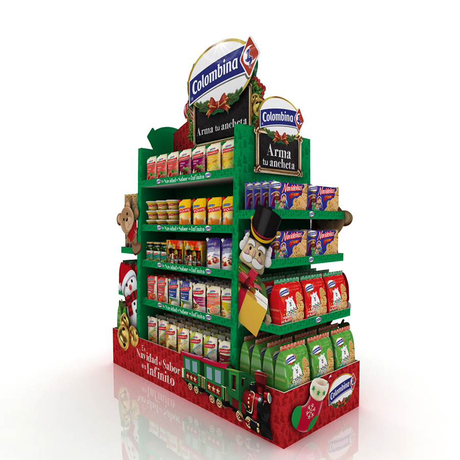 Opvallend palletdisplayrek met verstelbare schappen, perfect voor het presenteren van voedsel- en drankproducten.