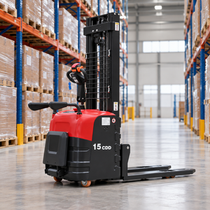 Staand, volledig elektrische palletstapelaar 1,5 ton 3 m meerijdende stapeltruck 2 ton 9,8 ft hefhoogte Staand palletstapelaar