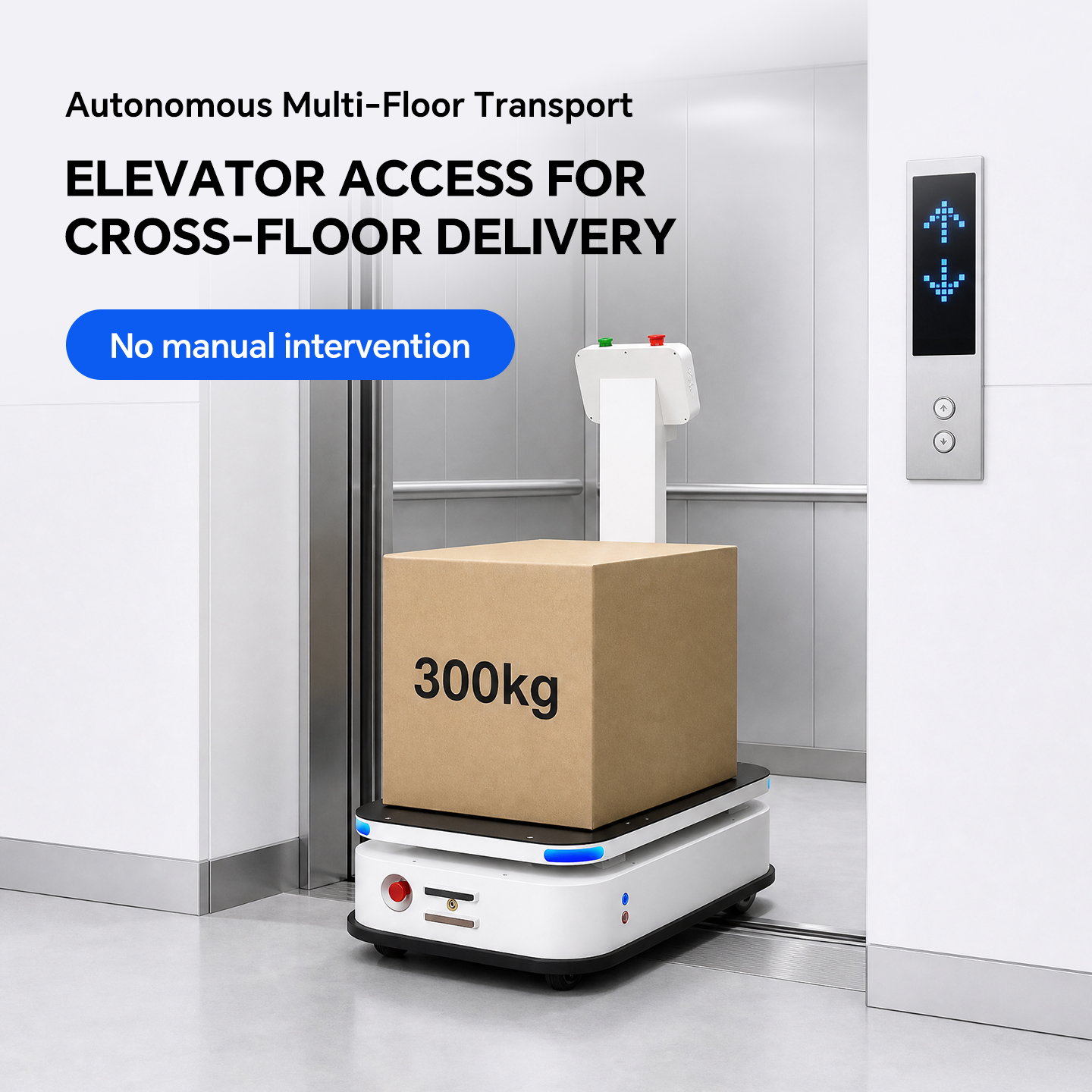 AMR-systeem transporteert pallets en dozen in een industrieel magazijn met een laadvermogen van 500 kg. Laser SLAM zelfopladend systeem.