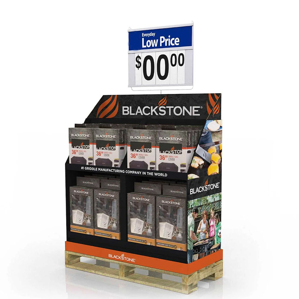 Opvallend palletdisplayrek met verstelbare schappen, perfect voor het presenteren van voedsel- en drankproducten.