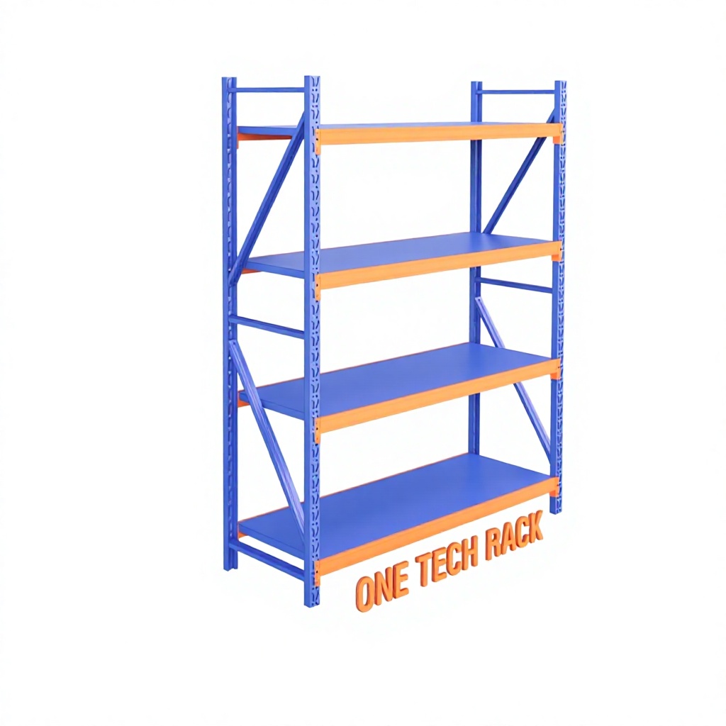 One Tech Factory-direct 4-laags duurzaam, boutloos, middelzwaar magazijnrek, gepoedercoat, roestwerend, stabiel.