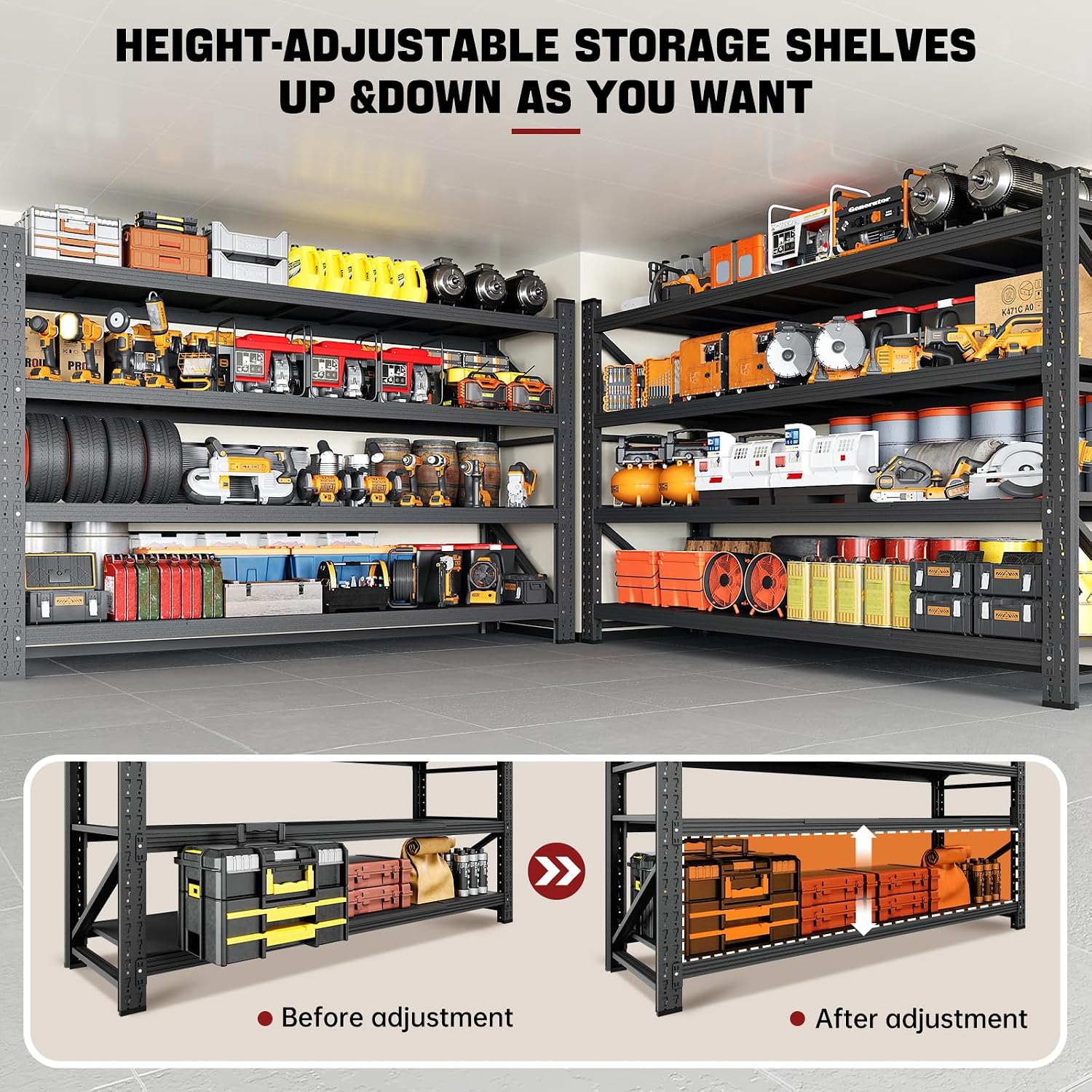 Lichtgewicht metalen stelling van 350 kg, 4 lagen, metalen magazijnstellingen, roestwerend, verstelbaar, stalen stelling, stalen stapelstelling voor garages.