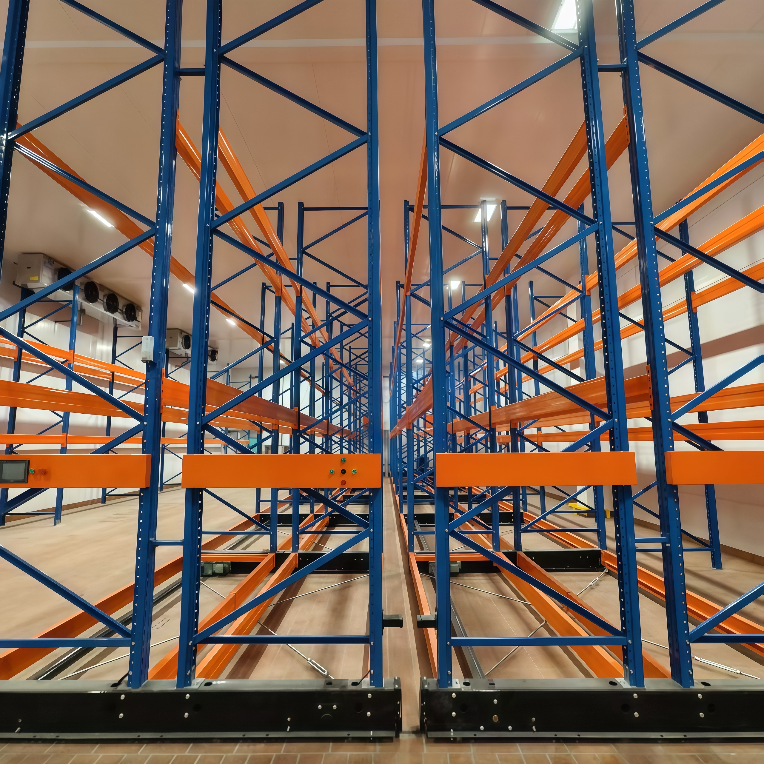 Gebruikte, zware, elektrisch aangedreven, mobiele stalen palletstellingen voor koelruimtes met een capaciteit van 1000 kg en poedercoating, geschikt voor levensmiddelen.