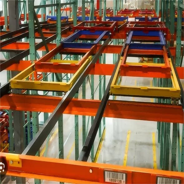 Vorkheftruckvriendelijke stalen push-back palletstellingen, CE/ISO-gecertificeerd, capaciteit 1000-2000 kg, 2-5 pallets diep, bulkkartonfabriek
