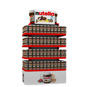 Opvallend palletdisplayrek met verstelbare schappen, perfect voor het presenteren van voedsel- en drankproducten.