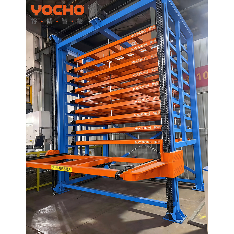Intelligent automatisch opslagsysteem met inrijpalletstelling voor zware stalen materiaalopslag in fabrieken.