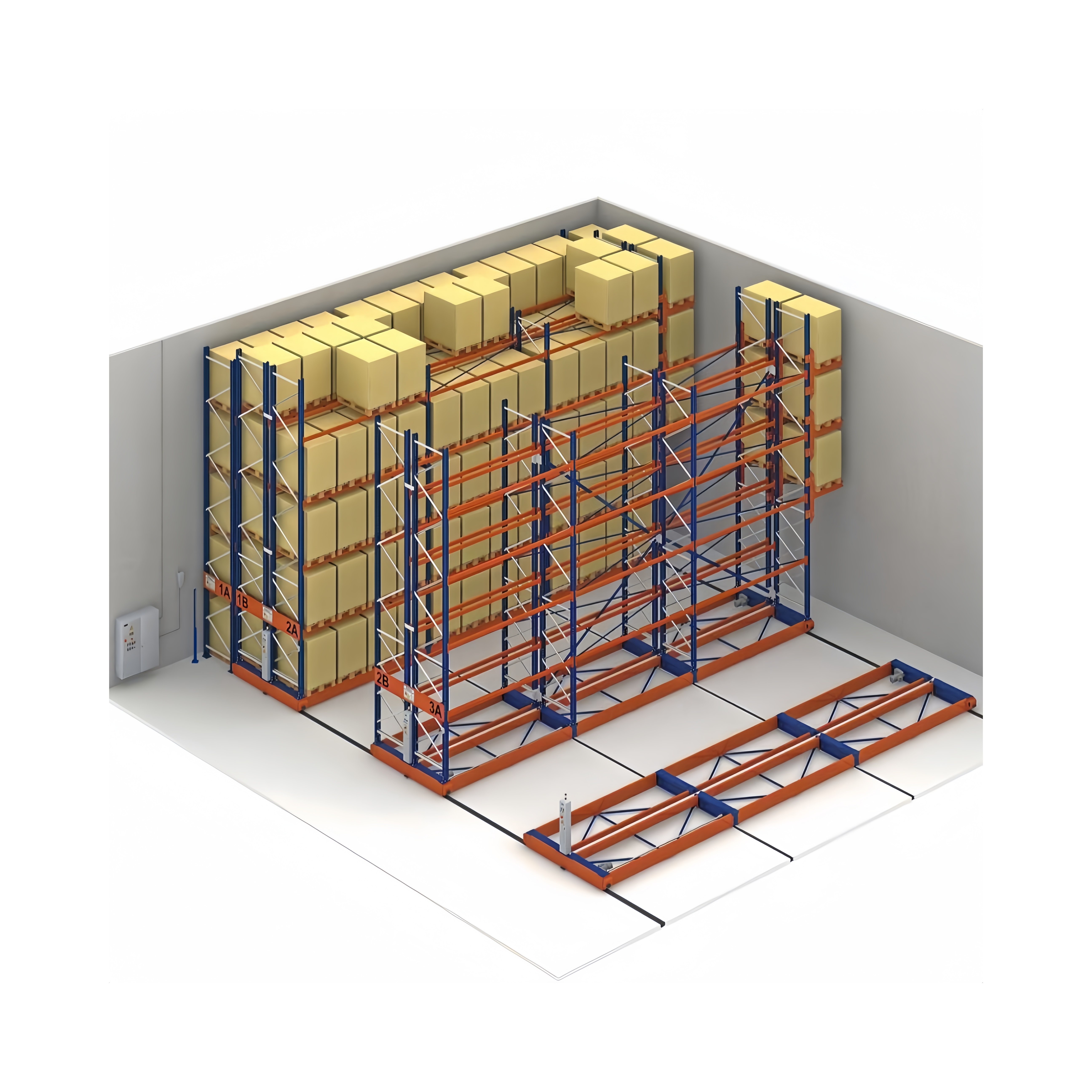 Gebruikte, zware, elektrisch aangedreven, mobiele stalen palletstellingen voor koelruimtes met een capaciteit van 1000 kg en poedercoating, geschikt voor levensmiddelen.
