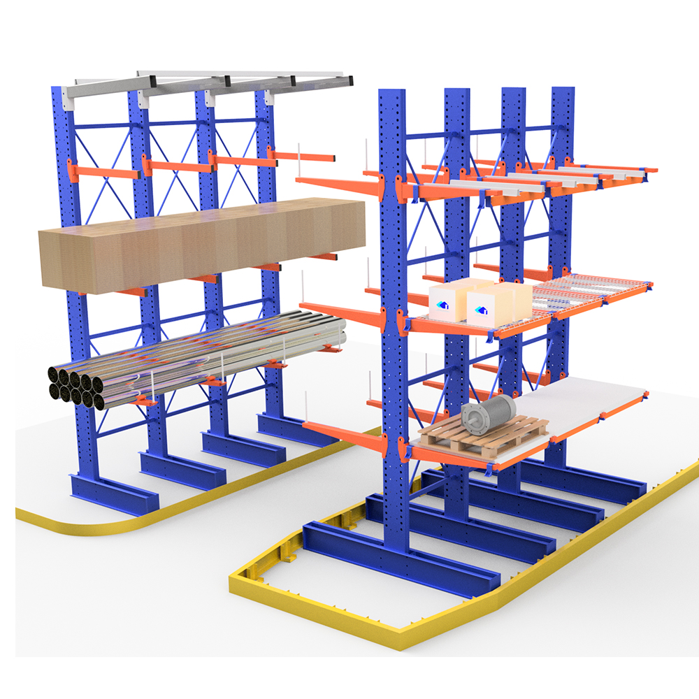 Industriële magazijnstellingen, zwaar uitgevoerd, cantilever stellingsysteem voor magazijnen, hout, stalen balken en buizen.