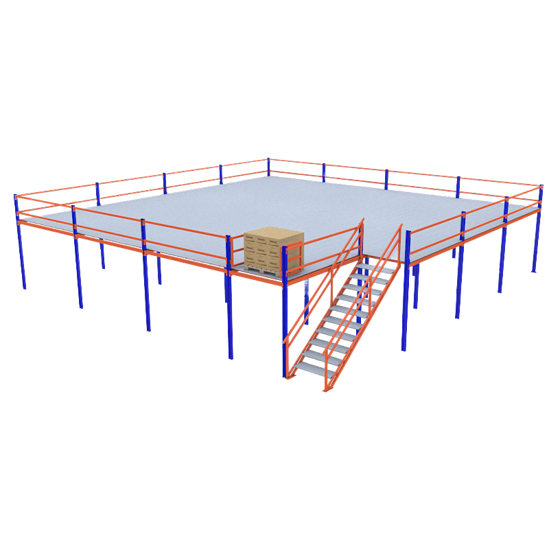 Tussenverdiepingsstellingen, stalen constructie, tussenverdiepingsplatform met grote overspanning en hoog draagvermogen voor magazijnopslagoplossingen.