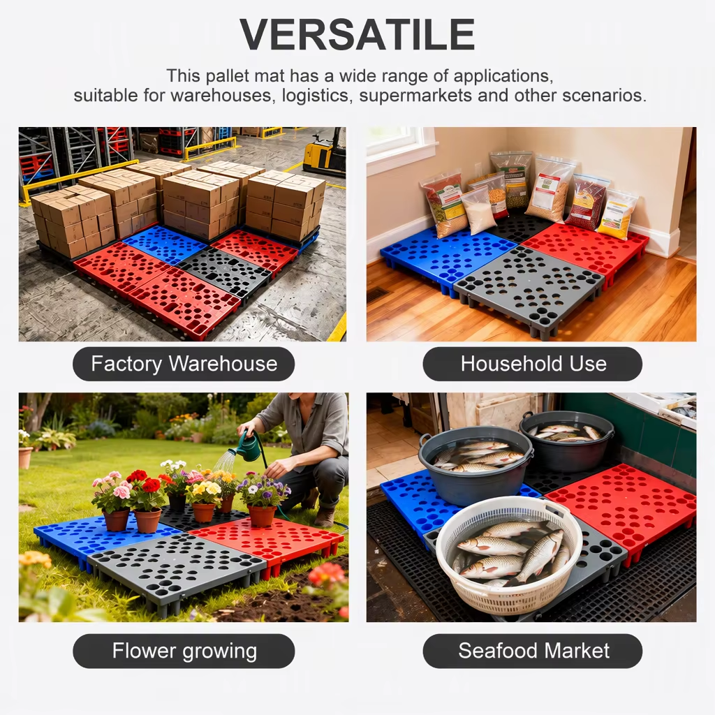 Milieuvriendelijke, enkelzijdige, gladde kunststof pallet, standaardmaten, stapelbaar, lichtgewicht, voor magazijnvloeren en industrieel gebruik.