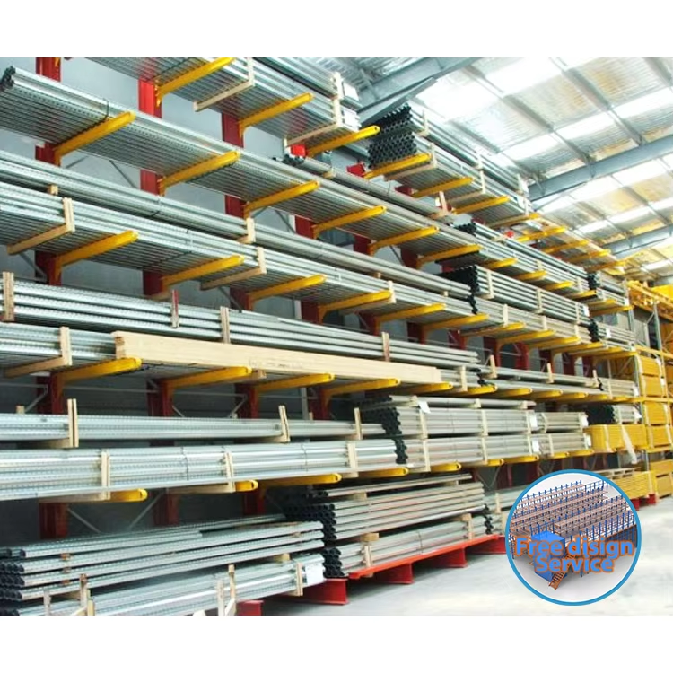 Zwaar uitgevoerde cantilever-stellingen van staal voor magazijnopslag, geschikt voor houten panelen, platen, buizen en lange materialen.