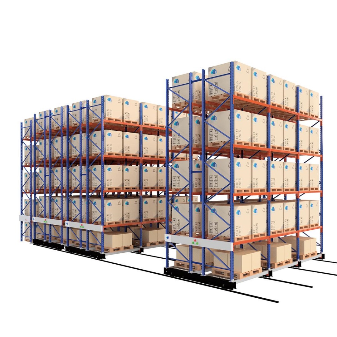 Gebruikt stalen mobiel palletstellingsysteem voor koelhuis- en voedselopslag. Elektrisch mobiel palletstellingsysteem.