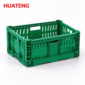 Geperforeerde, geventileerde, opvouwbare plastic krat, stapelbare en vouwbare krat voor groenten en fruit, geschikt voor supermarkten en agrarische logistiek.