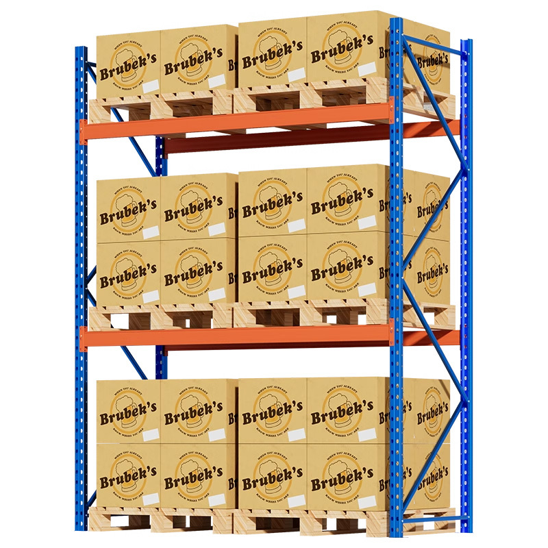 Robuust selectief magazijnrek met stalen schappen en verstelbare liggeropties.