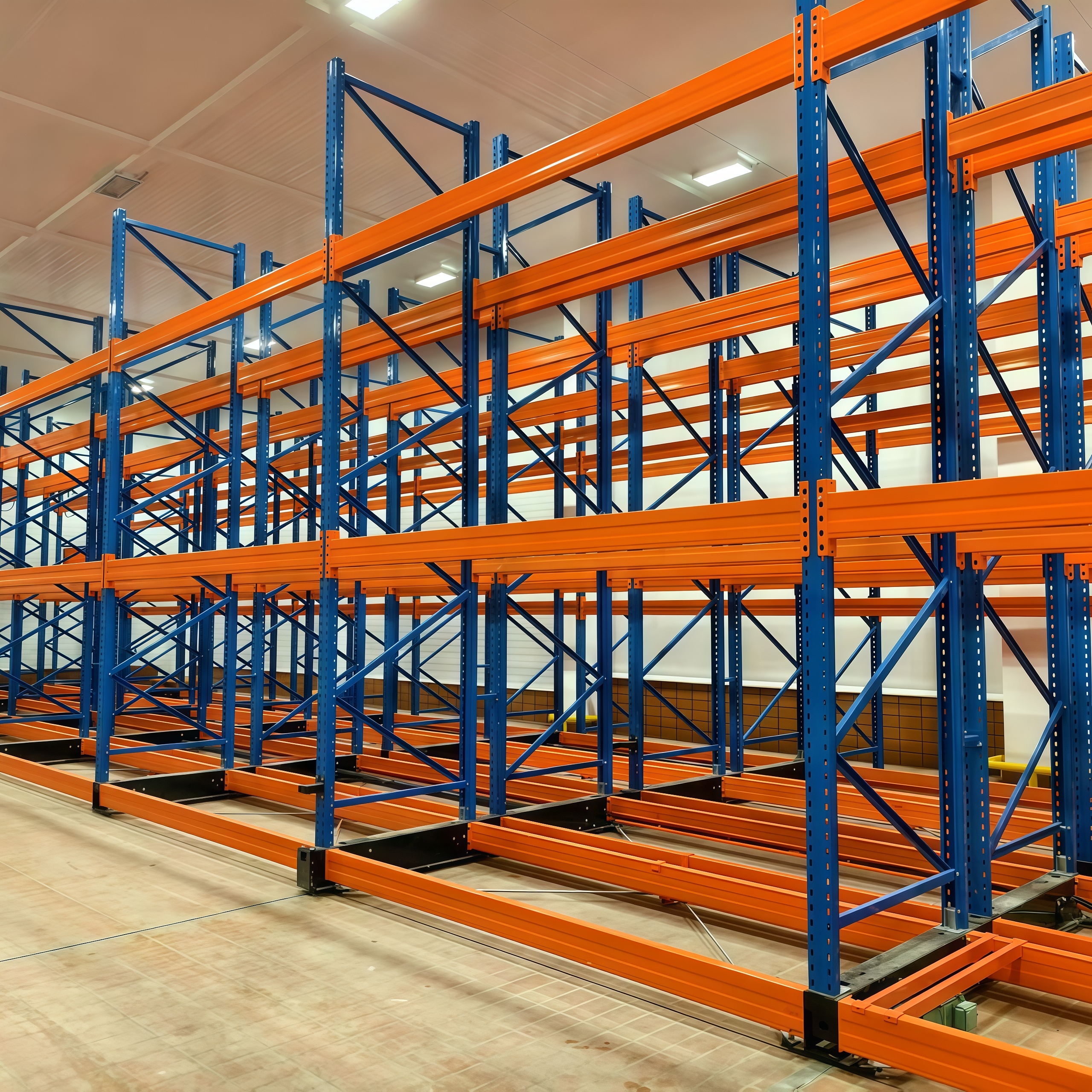 Gebruikte, zware, elektrisch aangedreven, mobiele stalen palletstellingen voor koelruimtes met een capaciteit van 1000 kg en poedercoating, geschikt voor levensmiddelen.