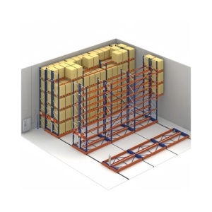 Gebruikte, zware, elektrisch aangedreven, mobiele stalen palletstellingen voor koelruimtes met een capaciteit van 1000 kg en poedercoating, geschikt voor levensmiddelen.