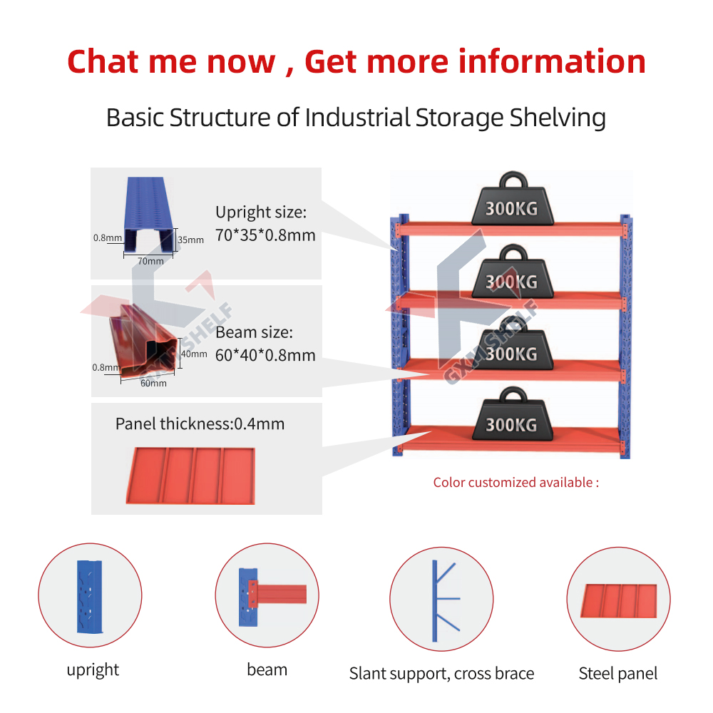 Fabrieksmatige metalen stellingen, industriële magazijnstellingen, stalen stellingensysteem voor het stapelen van stellingen en schappen.