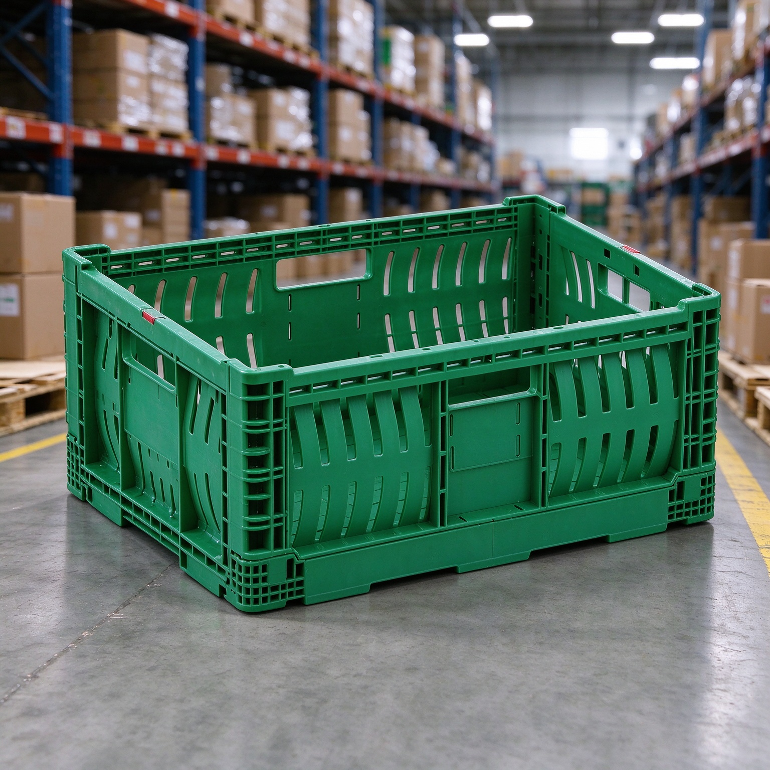 Geperforeerde, geventileerde, opvouwbare plastic krat, stapelbare en vouwbare krat voor groenten en fruit, geschikt voor supermarkten en agrarische logistiek.