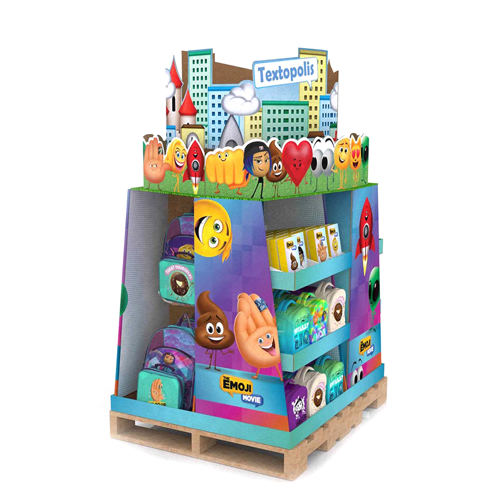 Opvallend palletdisplayrek met verstelbare schappen, perfect voor het presenteren van voedsel- en drankproducten.
