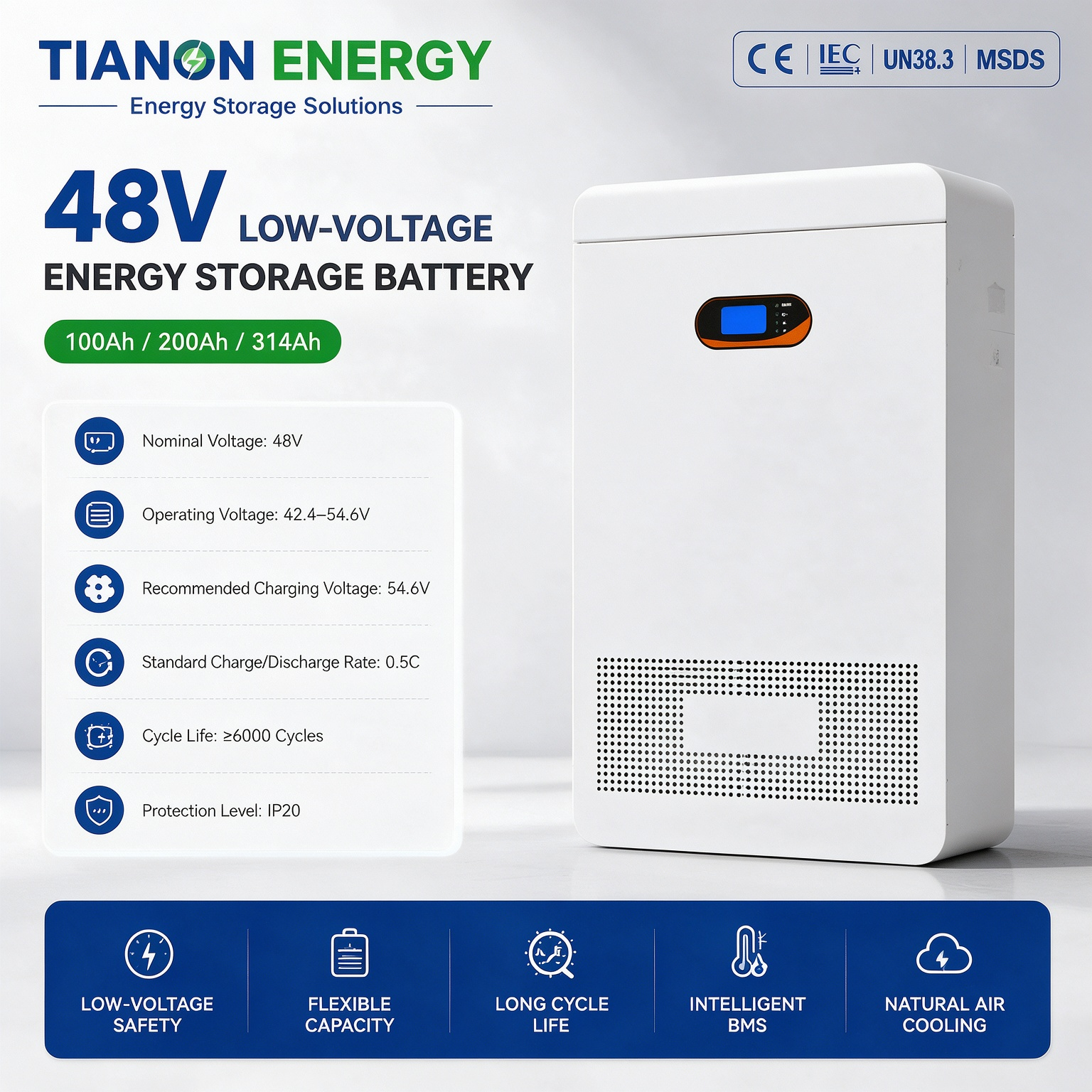48V 100Ah 200Ah 314Ah LiFePO4 lithiumbatterij-energieopslagsysteem, laagspanning, zonne-energie, slim BMS, 10-20 kW, hybride/off-grid, IP65 CAN
