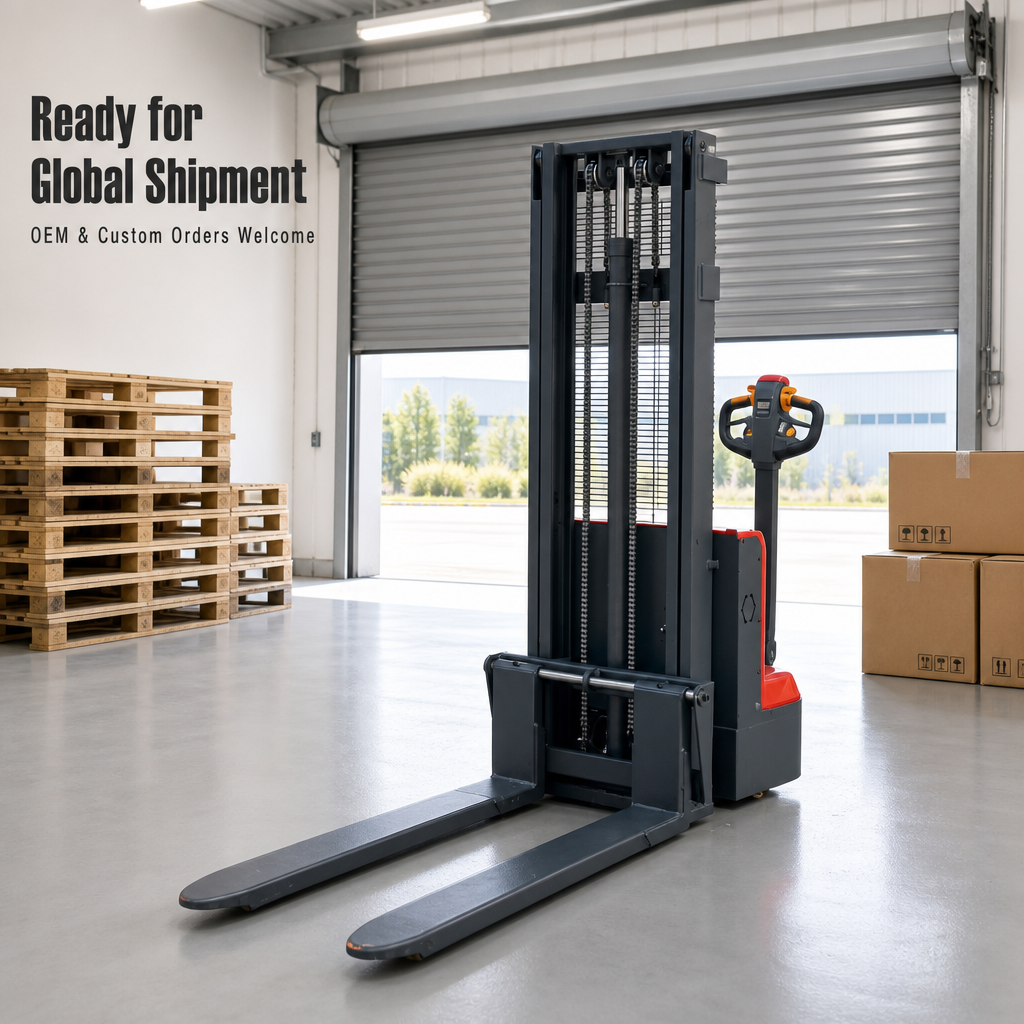 Staand op volledig elektrische palletstapelaar, opklapbaar platform, gemotoriseerde hydraulische mastheftruck, logistieke transporteur